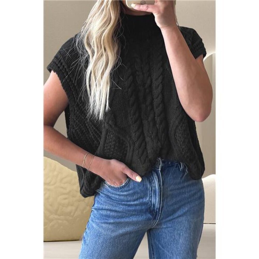 Cable-Knit Mock Neck Cap Sleeve Sweater‎
